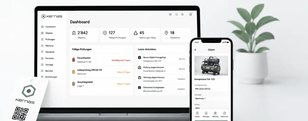Kernas dashboard on laptop and smartphone with a QR code label