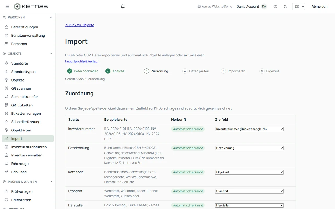 KI-gestützte Spaltenzuordnung beim Import einer bestehenden Inventarliste in Kernas