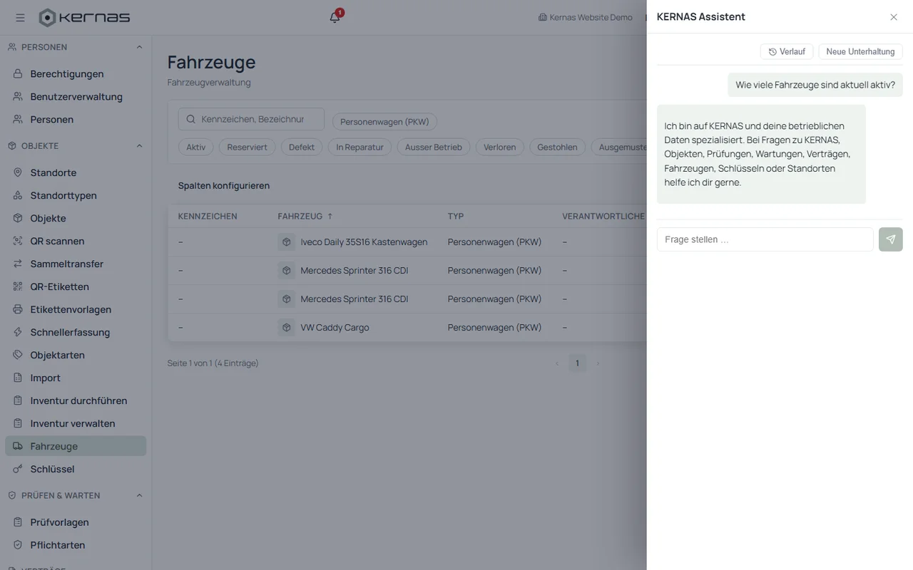 AI assistant in Kernas with a question asked and an answer shown in the chat history