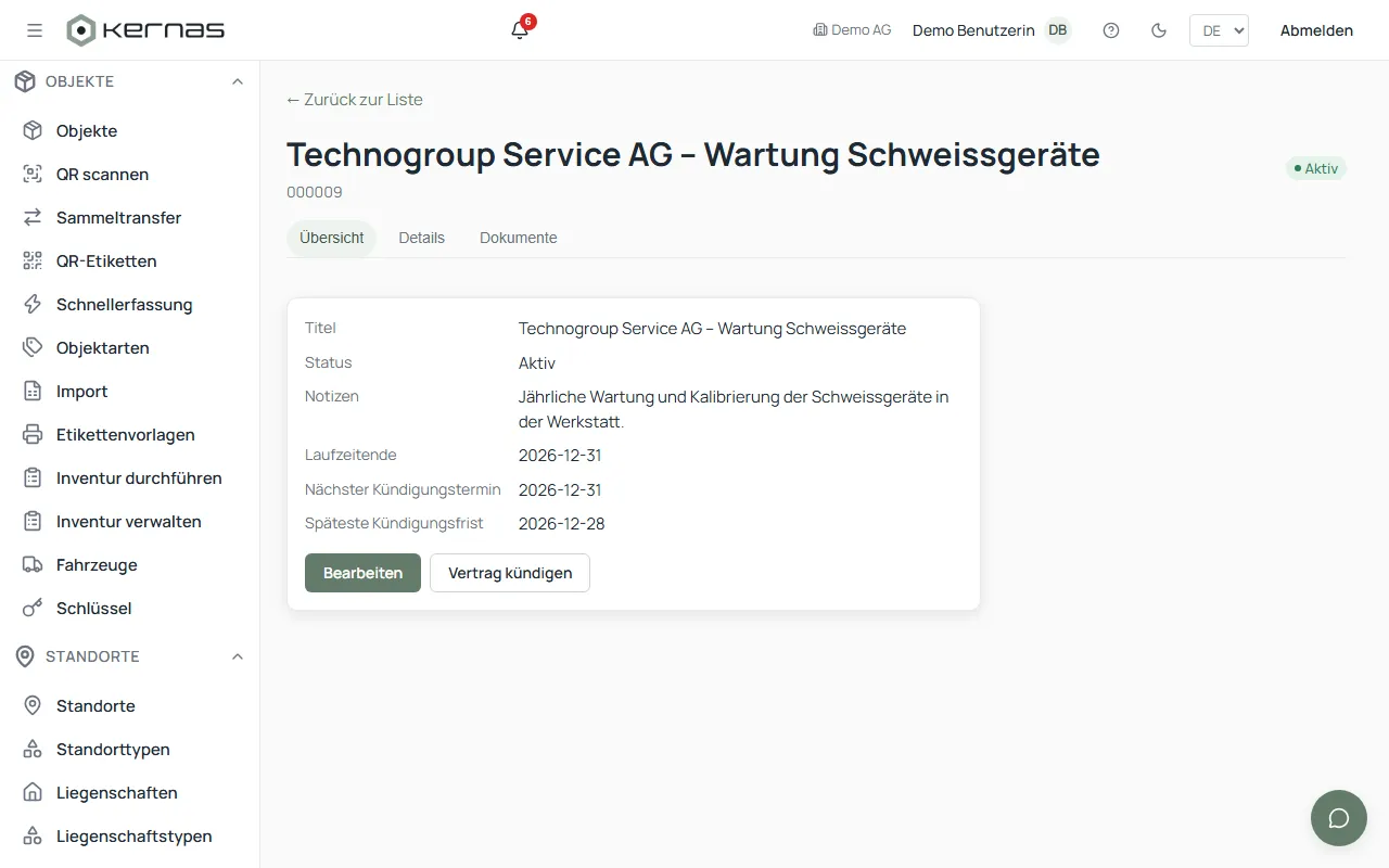 Erfassungsassistent für einen Vertrag in Kernas mit Vertragsart, Partner, Laufzeit und Konditionen als Zusammenfassung