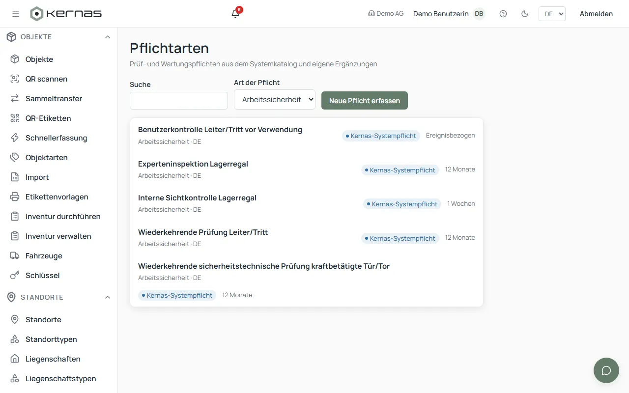Catalog of obligation types in Kernas with legal basis and inspection or maintenance interval