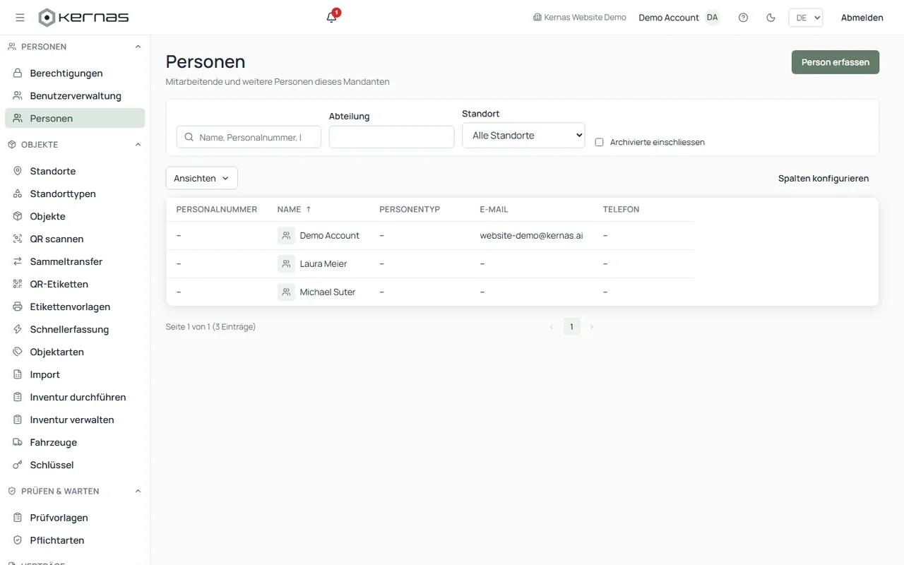 People list in Kernas with personnel number, name, person type, email and phone